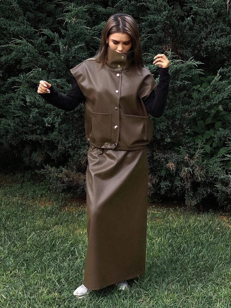 Women's Casual Street Style Solid Color Loose Lapel Sleeveless Drawstring Pocket PU Vest And Straight Skirt Two Pieces Set, Autumn/Winter