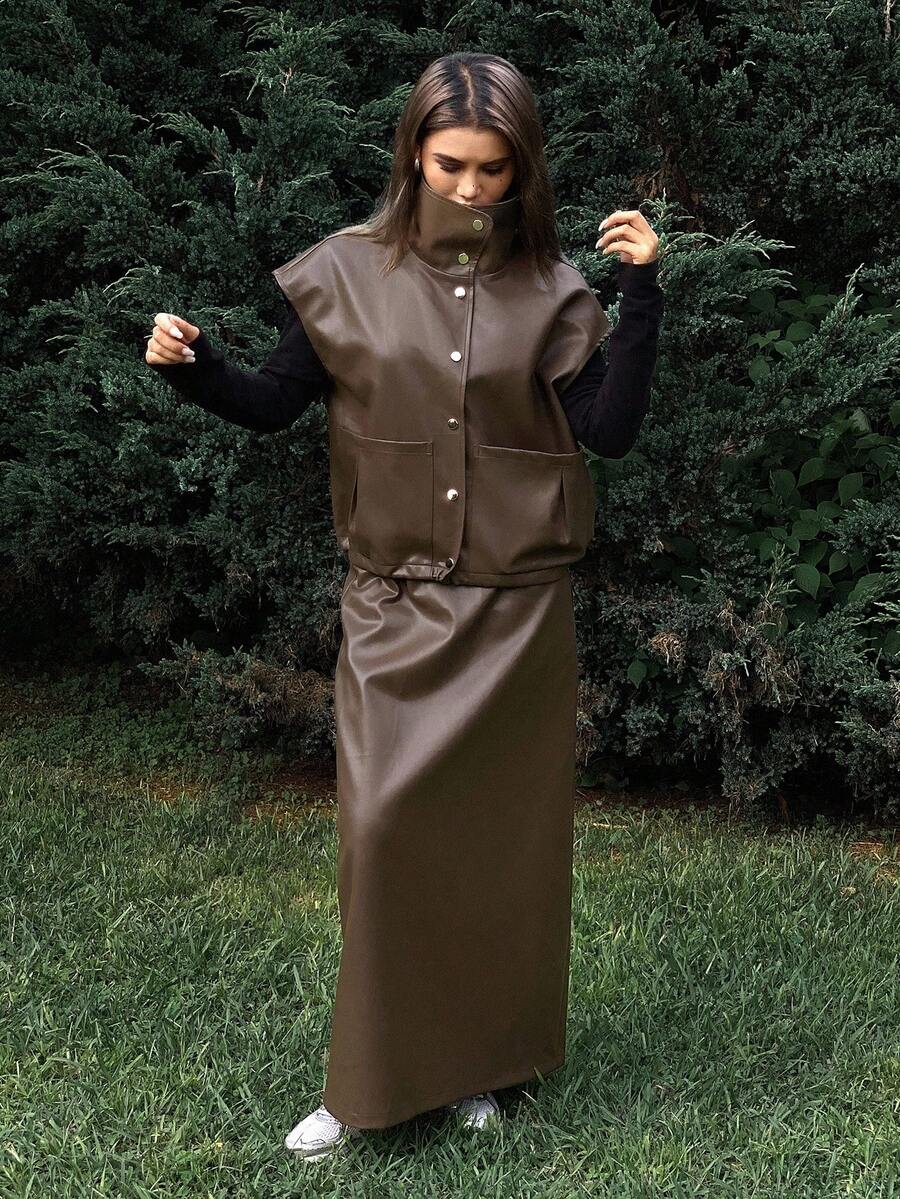 DAZY Women's Casual Street Style Solid Color Loose Lapel Sleeveless Drawstring Pocket PU Vest And Straight Skirt Two Pieces Set, Autumn/Winter