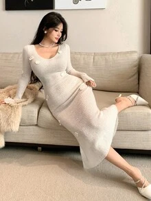 DAZY Women's Elegant Solid Color Fitted Sweater Dress, Autumn/Winter - Beige - View 4