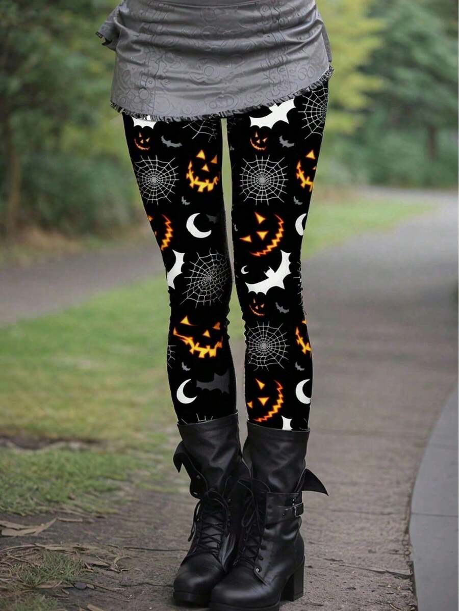 EMERY ROSE Spider Web And Bat Pattern Leggings, Halloween Pants, All-Season Casual Leggings, The Perfect Halloween Costume-Women's Wear - Multicolor - View 1