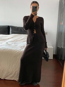 Livesso Women's Autumn Fitted Top And Skirt 2 Pieces Knit Set - Brown - View 5