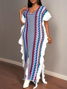 Slaydiva 2025 春秋新品优雅派对、优雅约会、休闲郊游、音乐节、街头风格、游牧风、复古宽松多色条纹侧褶高开衩女式大码针织长裙 - A