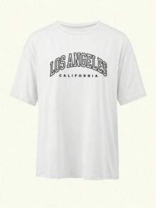 Flirla Los Angeles California Inspired Women Loose Fit Round Neck Casual Letter Graphic Print Plus Size T-Shirt - White - View 3