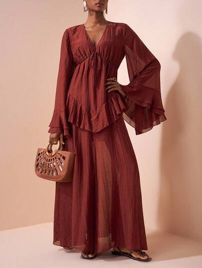 Zivah 20  New Summer & Autumn Long Sleeve Maxi Dress, V-Neck, Waist Tie, Ruffle Hem, A-Line, Lined, Brown, Suitable For Birthday Party, Back To School, Daily Wear, Cruise Travel, Beach, Sunbathing, Elegant, Commuting, Party, Banquet