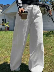 Dazy Plus 大码女式直筒长款白色牛仔裤，四季休闲 - 白色 - 查看 14