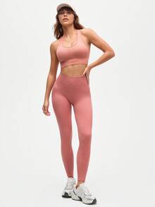 Eassivo Eassivo 女式纯色简约无袖上衣和裤子运动套装，休闲日常穿着 - 棕色 - 查看 4