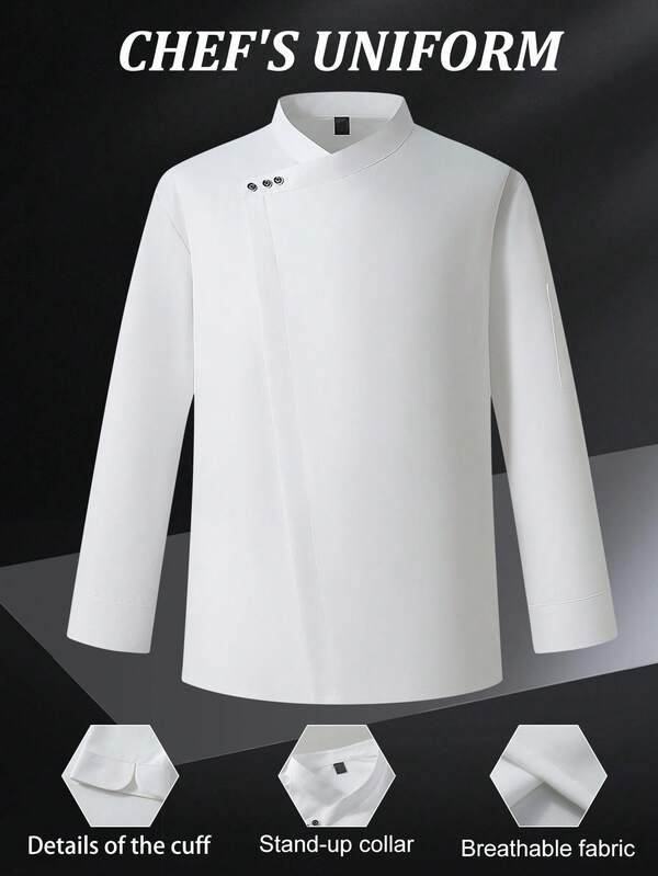 Manfinity Homme قميص طاهي رجالي بلون سادة بأكمام طويلة وتصميم بأزرار وياقة واقفة وقميص طاهي وزي طاهي ومعطف طاهي وسترة طاهي وسترة طاهي بيضاء للرجال