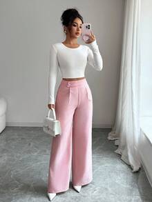 Elenzga 女士粉色竹纤维面料腰部前片搭扣设计优雅教师制服专业休闲裤，感恩节、万圣节必备百搭宽松直筒裤 - 粉色 - 查看 7