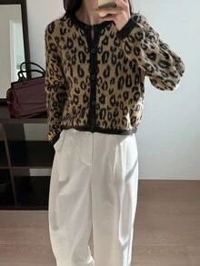 DAZY Cárdigan casual de manga larga con estampado de leopardo, de un solo botonadura, suelto, para otoño