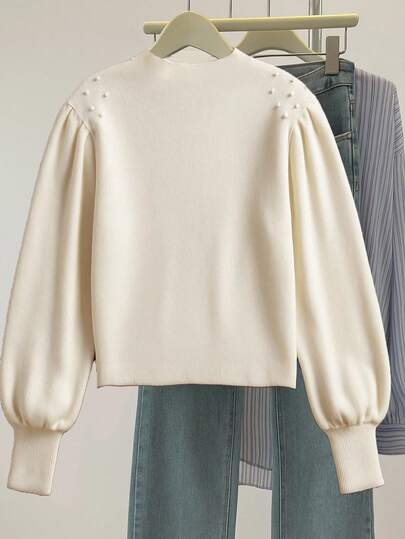 SHEIN Elegant Mock Turtle Neck Balloon Sleeve Pleated Shoulders Faux Pearl Beaded Shoulder Detailed Solid Color Plain Pattern Fitted Tailored Sweater For Fall Winter Women Office Chic Puff Sleeve Sweater Pearl Embellished Sweater Crop Sweater Pullover For Women Womens Jumper,Jumpers,Women's Jumpers