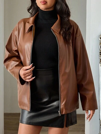 EURMUSE Jaqueta curta de com zíper e ombros caídos para mulheres, tamanho grande