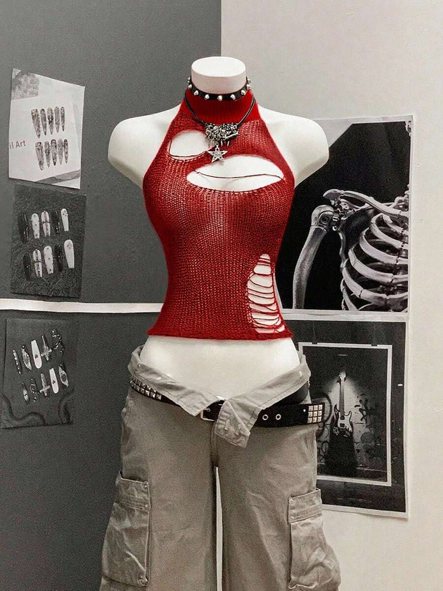 StreetHx 女士街头风纯黑色镂空钩针无袖针织上衣 - 紅色 - 查看 1