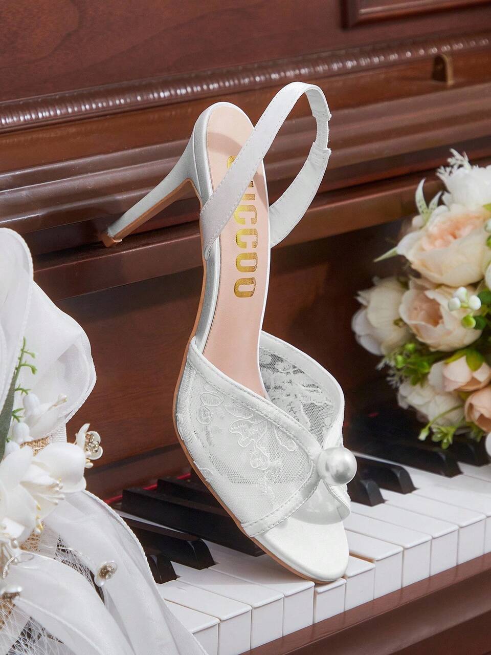CUCCOO HITCHD Women's White Pointed Toe Stiletto Heel Lace Mesh Faux Pearl Elegant Wedding Party High Heel Sandals Elegant Wedding Bride Shoes Summer