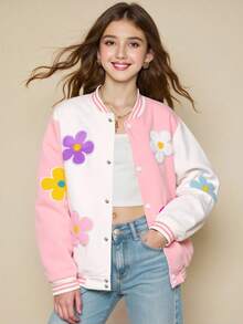 SHEIN Teens' Versatile Sweet Floral Colorblock Baseball Jacket Fall Winter - Multicolor - View 4