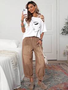 EMERY ROSE 女式松紧腰口袋宽松休闲锥形牛仔裤 - 棕色 - 查看 5