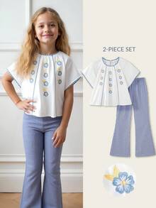 Joliand Joliand 2 pezzi Set di top a maniche corte con fiori ricamati e bordo arricciato e pantaloni a zampa blu a quadri per ragazze pre-adolescenti, adatto per casual, quotidiano, viaggio, riunione, festa, estate - Multicolore - Visualizzare 8