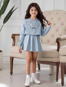 SHEIN Tween Girl 2 Pieces Knit Set, Cute 3D Bow Sweater With Pleated Skirt, Adorable & Elegant, Winter - Blue - View 3
