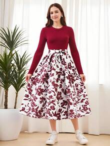 SHEIN Váy xòe in họa tiết khối màu thanh lịch cho bé gái tuổi teen, váy dệt co giãn cổ tròn tay dài - Nhiều màu - Xem 6