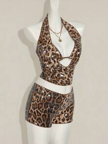 SHEIN ICON 2 件女式性感闪光派对时尚亮片豹纹露背吊带背心，夏季 - 彩色 - 查看 5