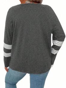 Plus Striped Print V Neck Tee Graphic Tees Women Tops - Dark Grey - View 2