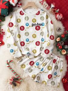 HARRY POTTER X SHEIN Conjunto de sudadera de manga larga con estampado integral y pantalones cortos de estilo escolar informal para niña preadolescente, para primavera/verano/otoño