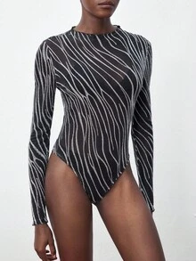 Maija Women's Zebra Print Mesh Round Neck Long Sleeve Bodysuit Fall Clothes For Women Halloween Costumes Cosplay Black Bodysuit - Black - View 2