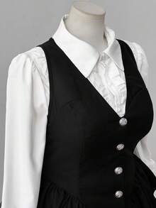Sunspun Áo khoác Blazer phối viền bèo nhún Color Block thời trang - màu đen - Xem 3