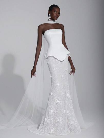 Elitara Elegant, Glamorous, Romantic, And Fashionable, This White Butterfly Jacquard Lace Dress Features A Luxurious Satin Overlay, A Strapless Design, A 2 In 1 Style, And A Mermaid Skirt With Flowing Sashes. Suitable For Formal Occasions, Wedding Parties, And Bridal Gowns. A Heavily Embellished Wedding Dress.
