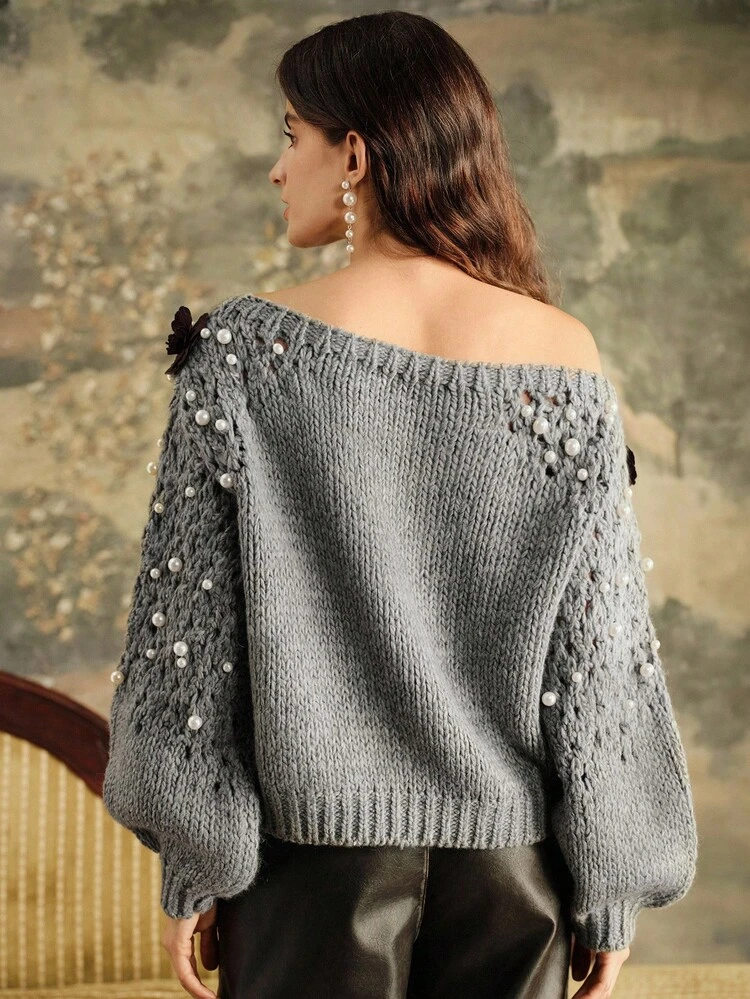 Women's Autumn Elegant Casual Merino Oblique Shoulder Pearl 3D Flower Long Sleeve Sweater,New Year Christmas Party Date Night Rose Gold Winter Jacket