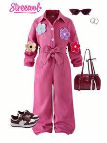 Sparklyn Girls' Fashionable British Style Corduroy Jumpsuit With Floral, Star, Letter Prints, Waist Belt, Pockets, Long Sleeve, Casual Stylish Holiday Outfit Fall Winter