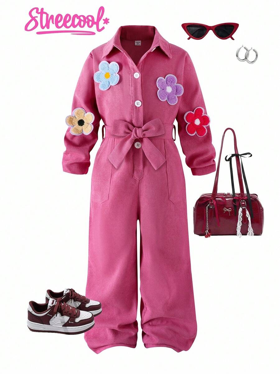 Sparklyn Girls' Fashionable British Style Corduroy Jumpsuit With Floral, Star, Letter Prints, Waist Belt, Pockets, Long Sleeve, Casual Stylish Holiday Outfit Fall Winter