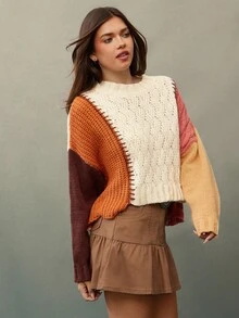 WESTFADE 撞色针织圆领长袖套头毛衣，适合春季、度假、夏季、春假、节日、休闲、可爱、波西米亚风、纳什维尔、乡村音乐会、西部牛仔风等场合穿着。 - 彩色 - 查看 4