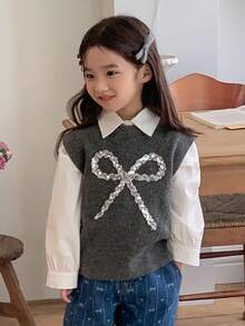DAZY 少女系可爱蝴蝶结针织毛衣，秋冬 - 灰色 - 查看 4