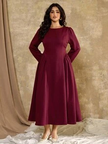 Roveilla 大码女式优雅法式浪漫复古办公室通勤街头风格下午茶派对感恩节返校方领 A 字长袖超长连衣裙，腰带蝴蝶结和泡泡袖 - 紫紅色 - 查看 4