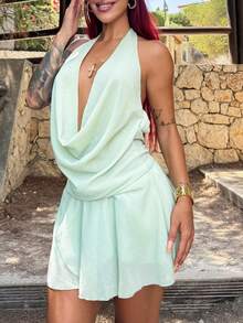 Bearsaez New Sexy Backless Solid Color Halter Plunge Draped Neck Ruffle Asymmetric Hem Mini Dress For Summer,Mint Green Dress - Mint Green - View 4