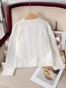 SHEIN كنزة صوفية كاجوال مريحة وجميلة مناسبة للارتداء اليومي للفتيات المراهقات، مصنوعة من الأقمشة المحبوكة بألوان متباينة مع زخرفة فيونكة - أبيض - مشاهدة 2