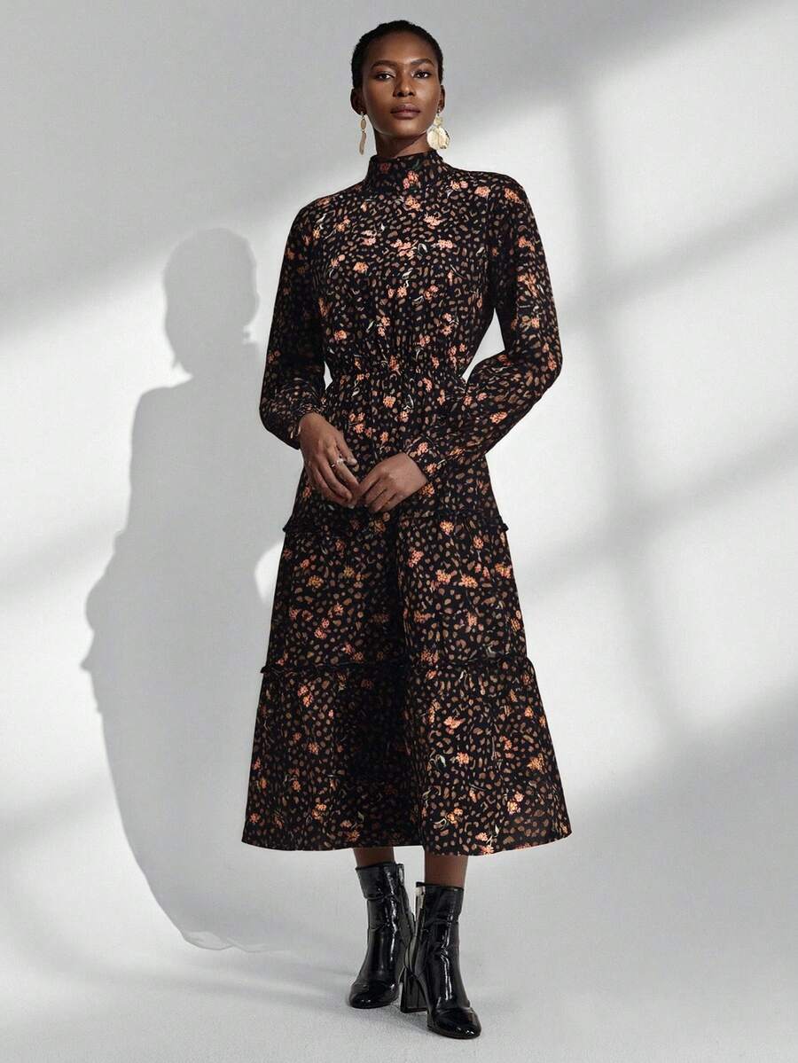 Chiquease 浪漫连衣裙，经典高领，复古优雅，长袖荷叶边花卉女士长裙，春秋季 - 黑色 - 查看 1