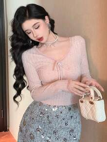 DAZY 粉色条纹纹理磨毛上衣，V领蕾丝拼接抽绳系带，优雅适合派对、婚礼等场合，长袖，秋冬季穿着。 - 粉色 - 查看 7