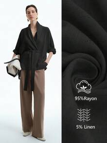 Aalyst Áo khoác sơ mi vải lanh pha trộn kiểu Pháp thanh lịch, thoải mái, rộng rãi dành cho nữ kèm thắt lưng, thiết kế tối giản, phù hợp đi làm, đi nghỉ, thoải mái, mùa xuân/thu/đông - màu đen - Xem 5