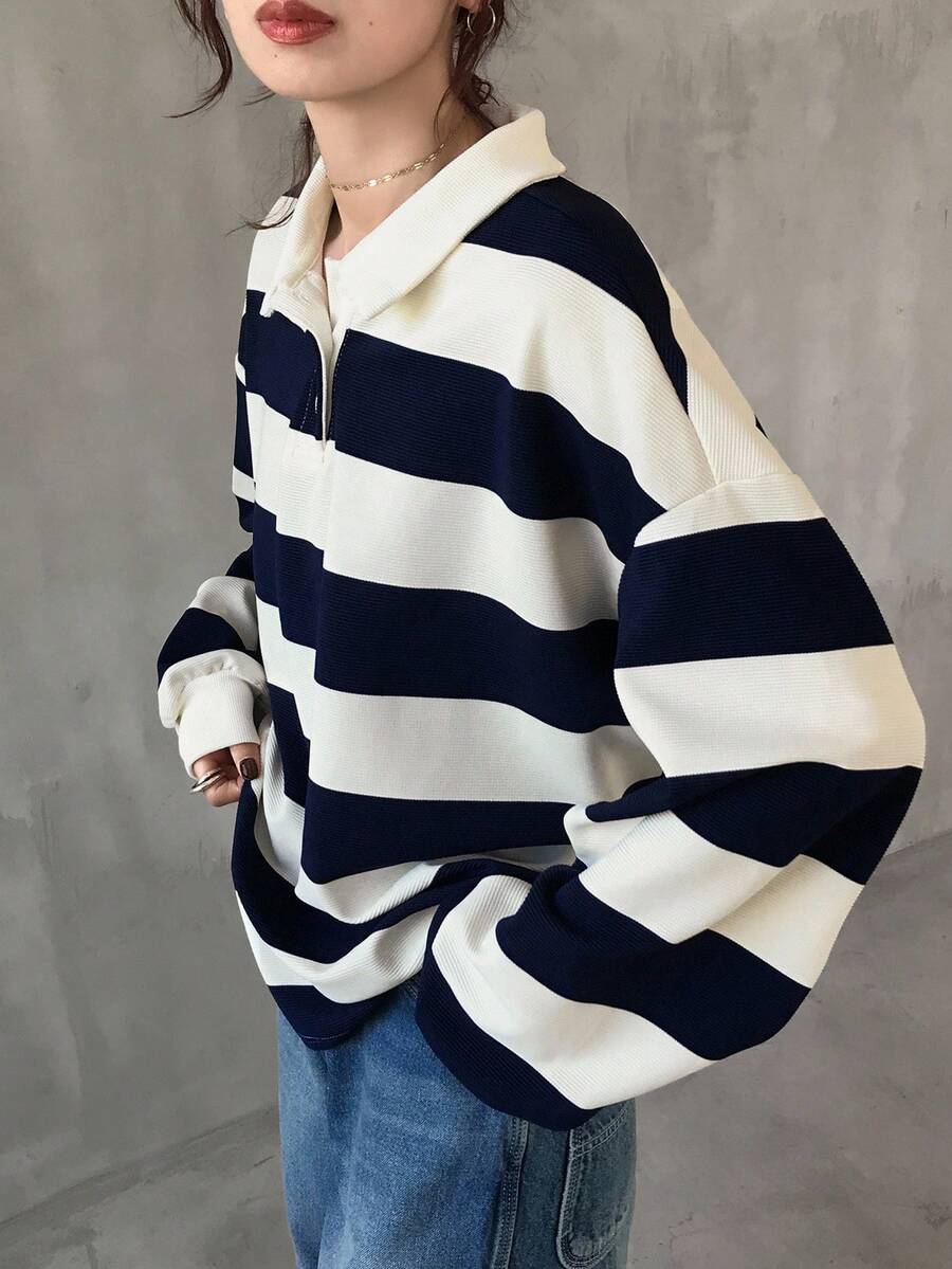 FRIFUL Women's Loose Fit Round Neck Drop Shoulder Long Sleeve Striped Casual T-Shirt, Versatile For Autumn/Winter