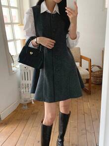 DAZY 女士纯色休闲校园风长连衣裙，韩版时尚，秋冬夏季女装 - 灰色 - 查看 4