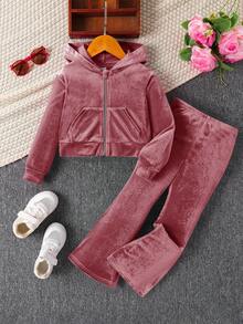 SHEIN 2-teiliges Set für Kleine Mädchen mit Strass-Buchstaben-Muster, Samt-Hoodie & weite Hose, Jogginghose, Outfits, süß & lässig & vintage, ideal für lässigen & täglichen Gebrauch & Schule im Sommer & Herbst, für Weihnachten - Pink - Übersicht 5