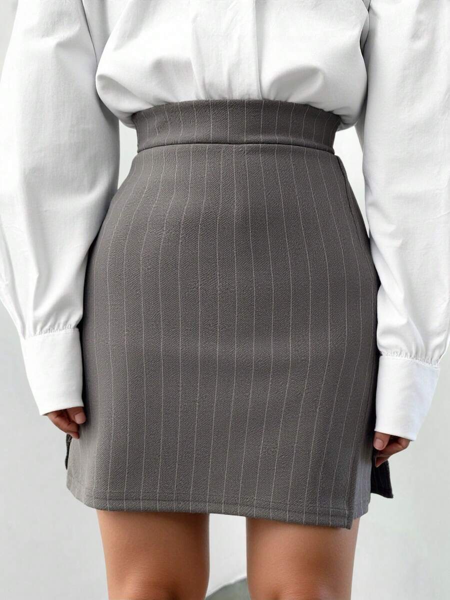 RueChic Vertical Striped Split Skorts - Light Grey - View 1