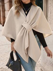 EMERY ROSE 女式纯色休闲斗篷夹克，秋冬季 - 卡其色 - 查看 4