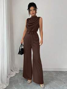 Elenzga Bộ đồ liền thân không tay cổ đứng màu xanh lá cây thanh lịch dành cho nữ, mùa xuân/hè - màu nâu - Xem 4