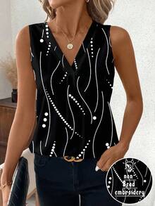 SHEIN Clasi Áo sơ mi sọc đen không tay cổ chữ V dành cho nữ, phù hợp để mặc đi làm và mặc hàng ngày, áo không tay - màu đen - Xem 7