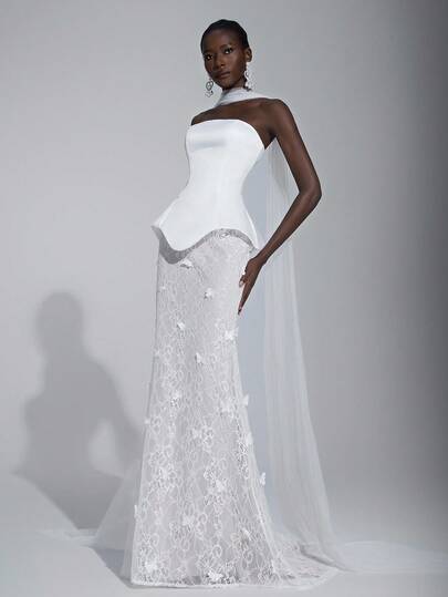 Elitara Elegant And Gorgeous White Butterfly Jacquard Lace Splicing Luxurious Satin Tube Top Three-Dimensional Piece Fishtail Skirt With A Train And Movable Floating Piece Suitable For Wedding Festival Bridal Dress Formal Occasion Wedding Dress