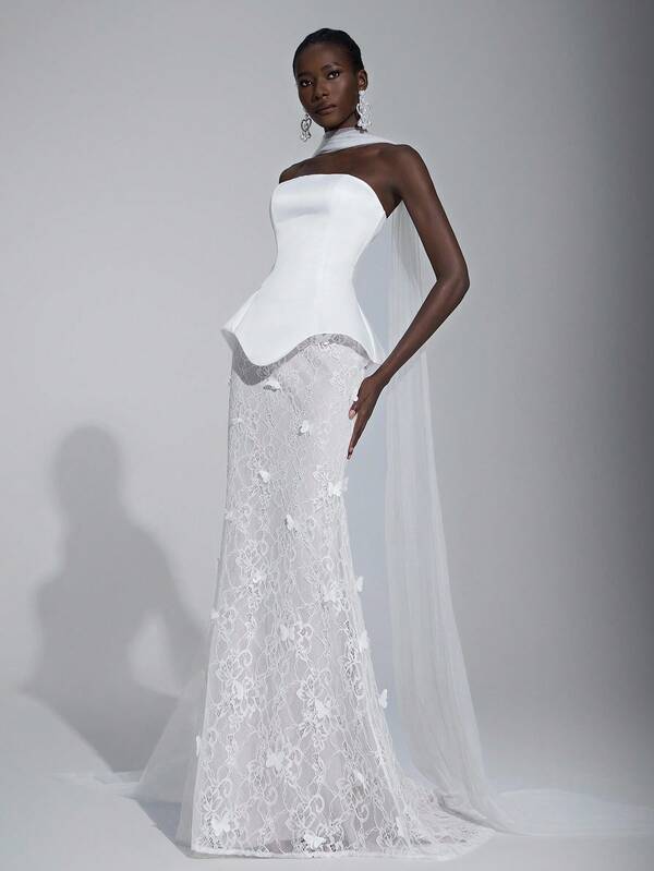 Elitara Elegant And Gorgeous White Butterfly Jacquard Lace Splicing Luxurious Satin Tube Top Three-Dimensional Piece Fishtail Skirt With A Train And Movable Floating Piece Suitable For Wedding Festival Bridal Dress Formal Occasion Wedding Dress
