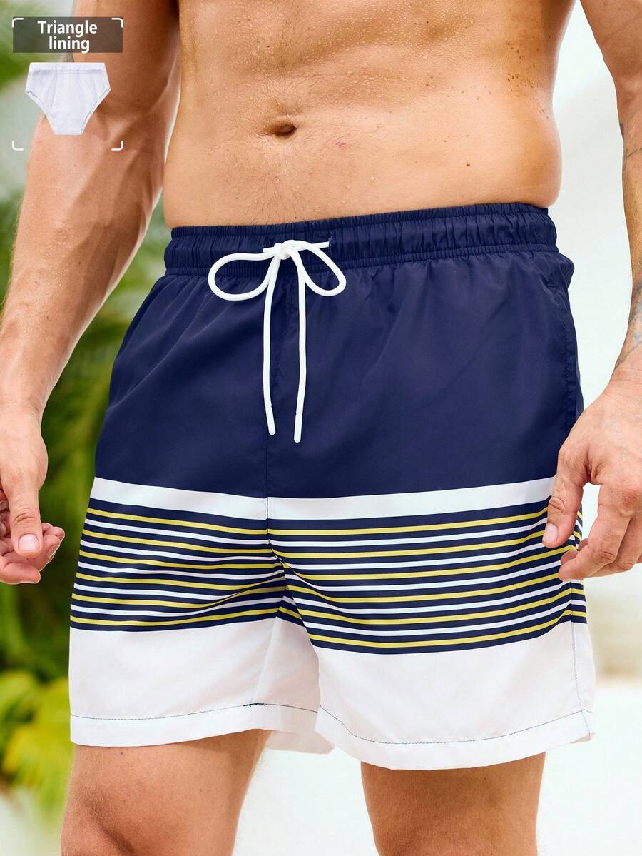 Manfinity Swimmode Men's Striped Drawstring Waist Pocket Beach Shorts - Blue - View 1