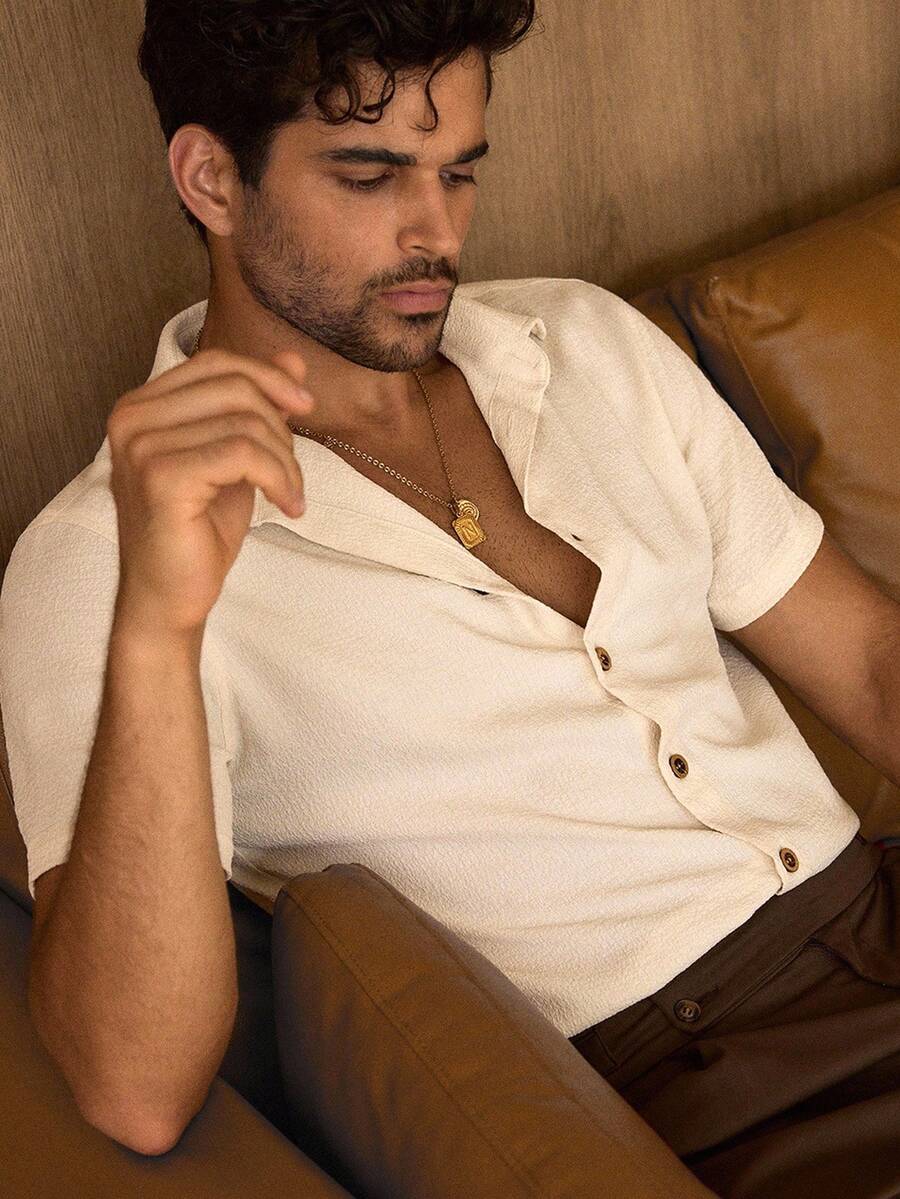 Manfinity VCAY Men's Casual Bubble Crepe Relaxed Fit Short Sleeve Shirt, Old Money - Yellow - View 1